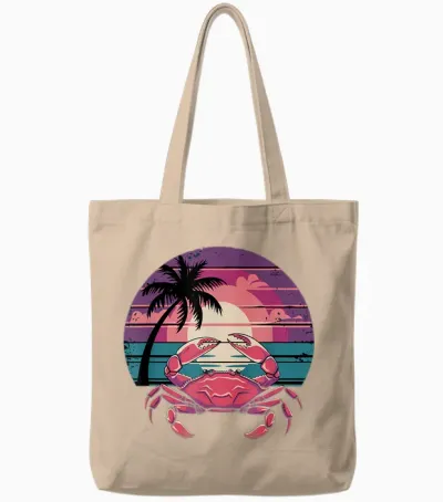 Retro Sunset Crustaceans Crab Fisherman Crab Tote Bags - Natural