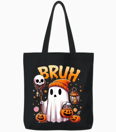 Bruh Ghost Halloween Cute Ghost Trick or Treat Candy Tote Bags - Black