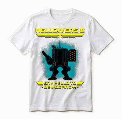 Helldivers 2 Sony Playstation Video Game Say Hello Democracy T-Shirt, Blue, S Unisex T-Shirt - White