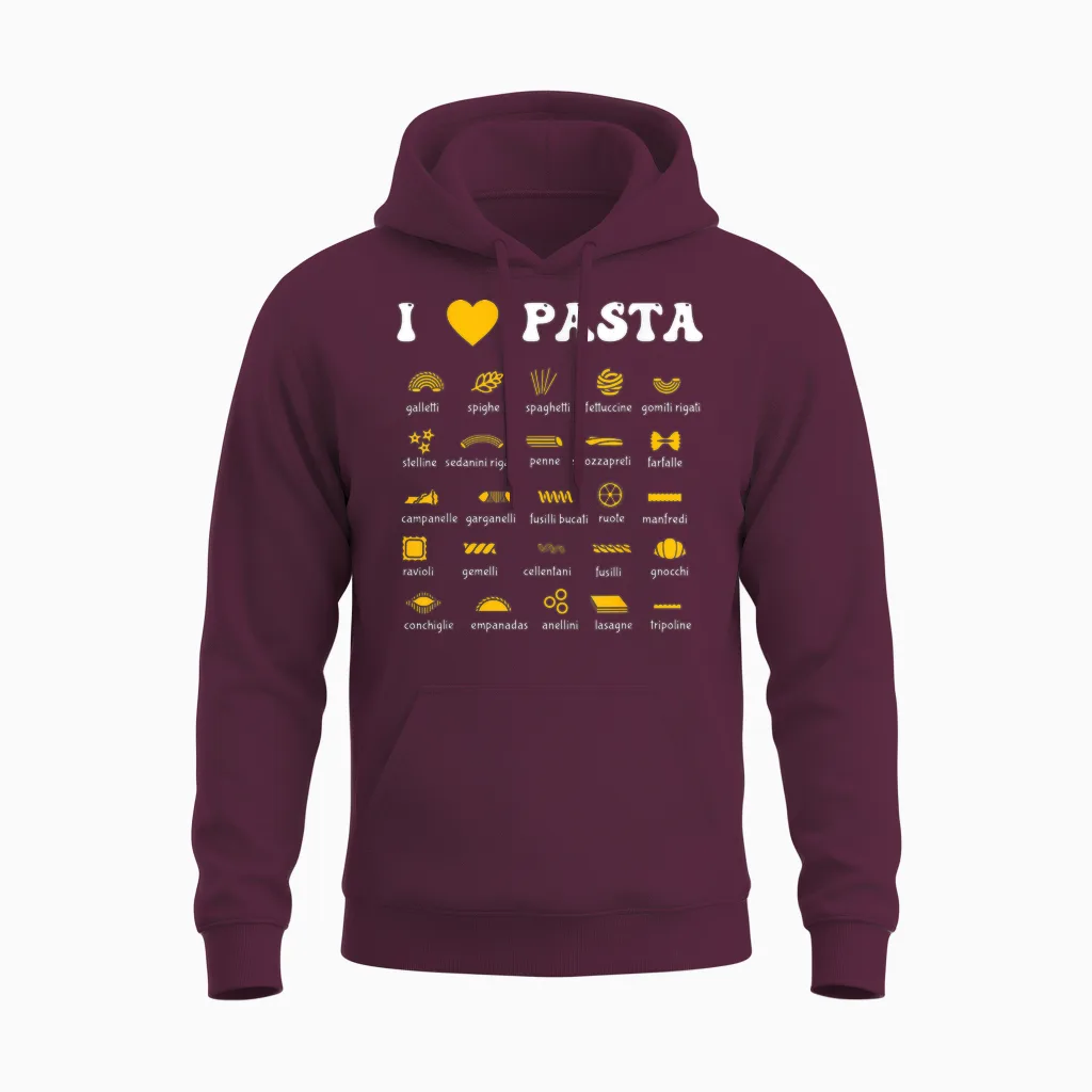 Pasta Varieties Spaghetti Noodles Italy Gift Pasta T-Shirt, Black, S Unisex Hoodie in Maroon