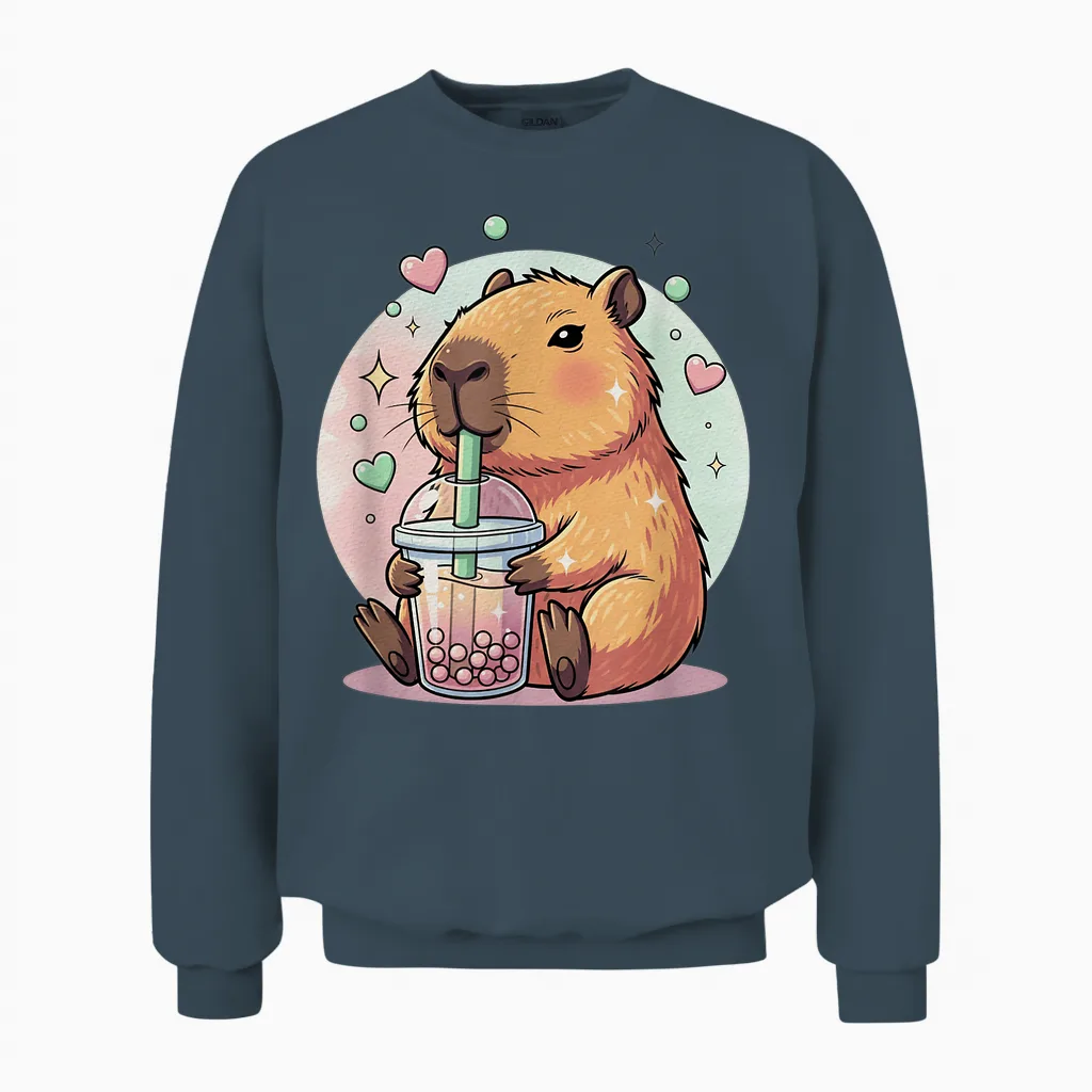 Kawaii Capybara Girls Boba Tea Anime Capibara Lover Cute Unisex Sweatshirt in Dark Heather