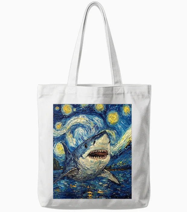 Funny Shark - Van Gogh Style - Starry Night Tote Bags in White