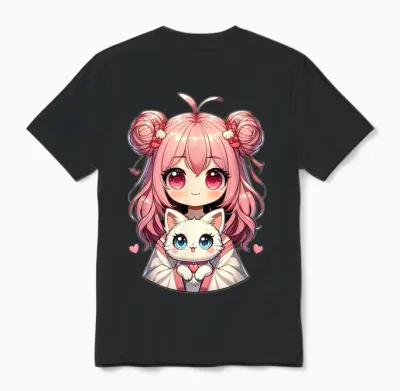 Anime Cute Cat Lovers Kawaii Manga Otaku Anime Girl Pink T-Shirt, Black, S Unisex T-Shirt - Black