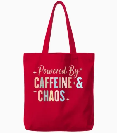 Powered by Coffein and Chaos Funny Adhd T-Shirt, Black Tote Bags - Red