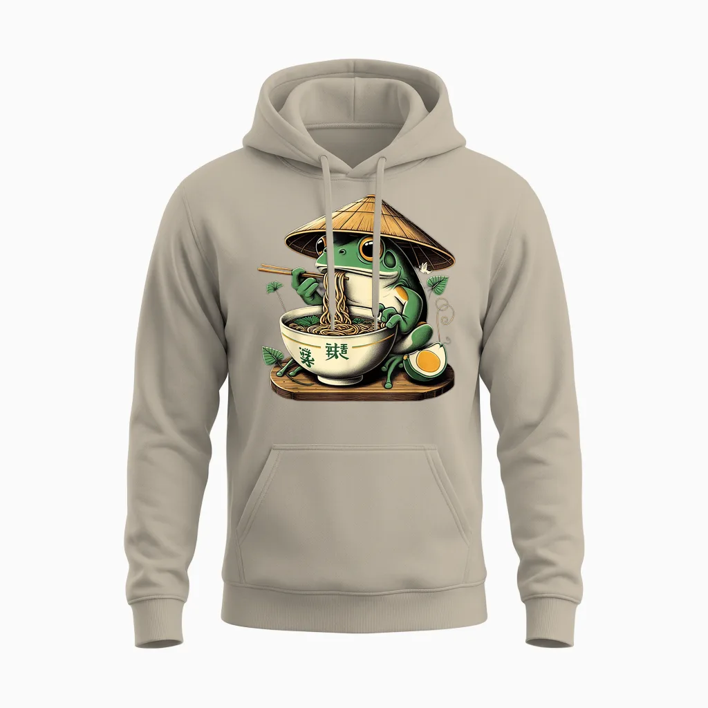 Frog Eating Ramen Kawaii Neko Japanese Noodles Anime Lovers Unisex Hoodie in Sand