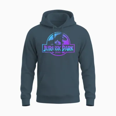 Jurassic Park Blue & Purple Fossil Logo Graphic Short Sleeve Unisex Hoodie - Dark Heather