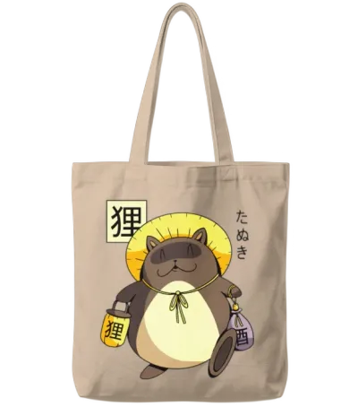 Tanuki Yokai Funny Japanese Cartoon Character Tote Bags - Natural