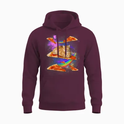 Funny Galaxy Cat in Space, Cat Riding Pizza Unisex Hoodie - Maroon