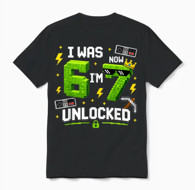 7th Birthday I Was 6 Now I'm 7 Unlocked 67 Boys Unisex T-Shirt in Black