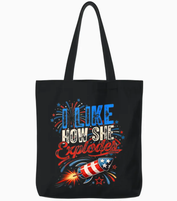 4th of July I Like How She Explodes - He Bangs Matching Tote Bags in Black