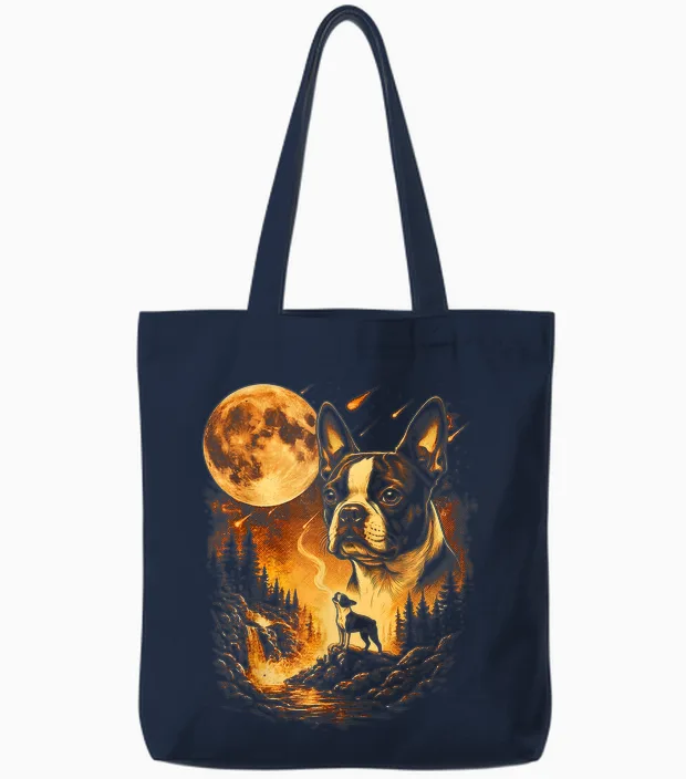 Boston Terrier Hurlant Γ La Lune Chien Vintage Tote Bags in Navy