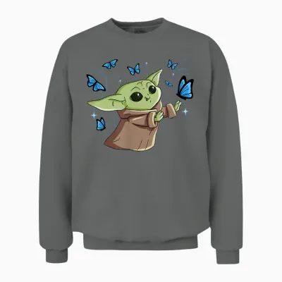 Star Wars the Mandalorian the Child with Blue Butterflies T-Shirt, Black Unisex Sweatshirt - Graphite Heather