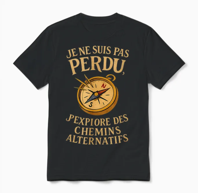 Je Ne Suis Pas Perdu - Humour Aventure Compas Vintage Unisex T-Shirt in Black