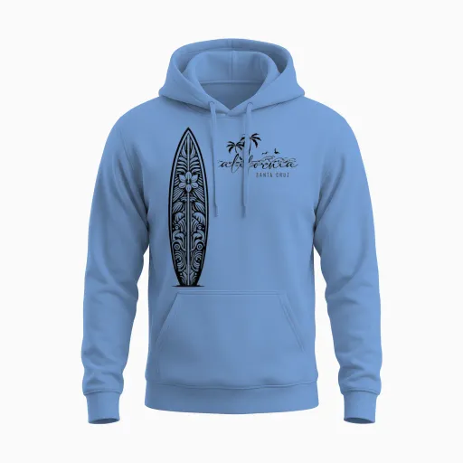 California Santa Cruz Surfer Surfboard Back Print Unisex Hoodie - Carolina Blue