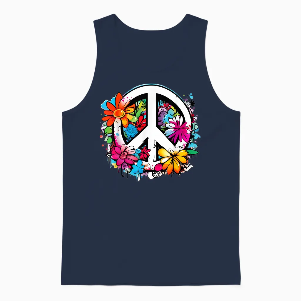 Peace Sign Flower Power Love, Peace Flowers 60s 70s T-Shirt, White, S Unisex Tank Top in Navy