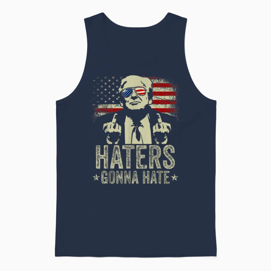 Funny Haters Gonna Hate President Donald Trump Middle Finger T-Shirt, Black Unisex Tank Top in Navy
