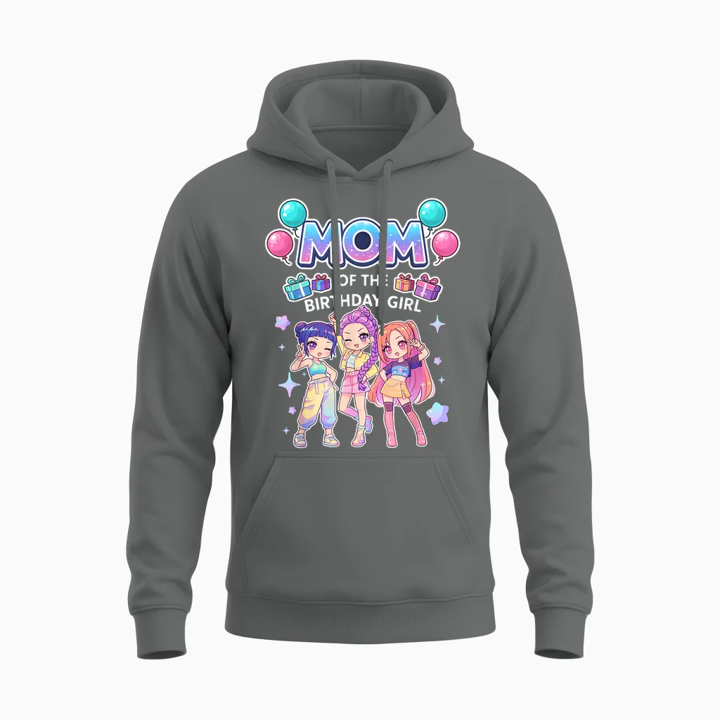 Mom of the Birthday Girl Cute Chibi Kpop Funny Korean Pop Unisex Hoodie in Graphite Heather