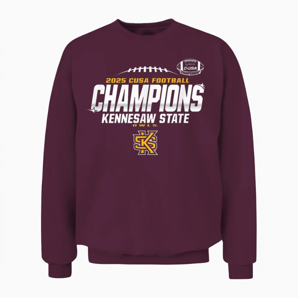 Kennesaw State Owls C-Usa Champs 2025 Football Locker Room Unisex Sweatshirt in Maroon