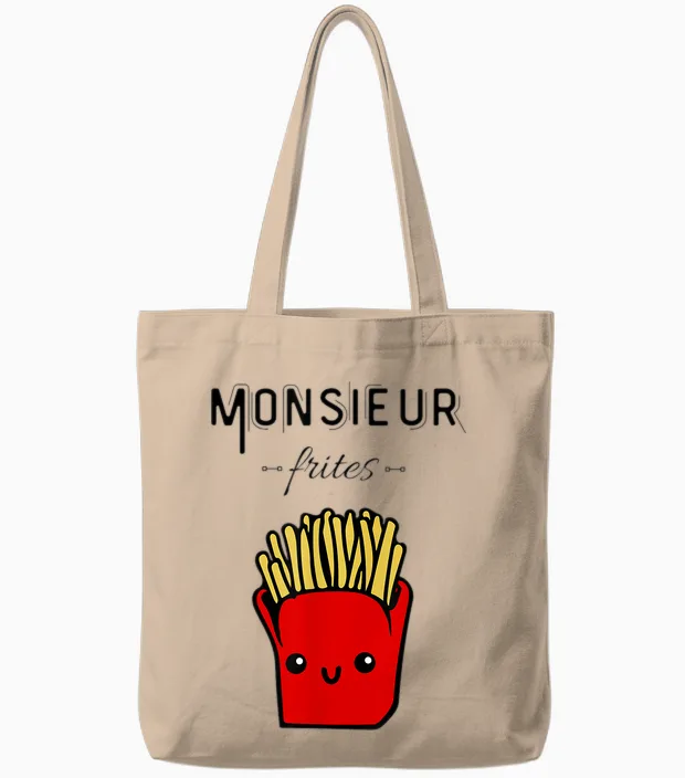 Funny Mr Fries Gift Potato Fast Food Humour T-Shirt, Grey, S Tote Bags in Natural