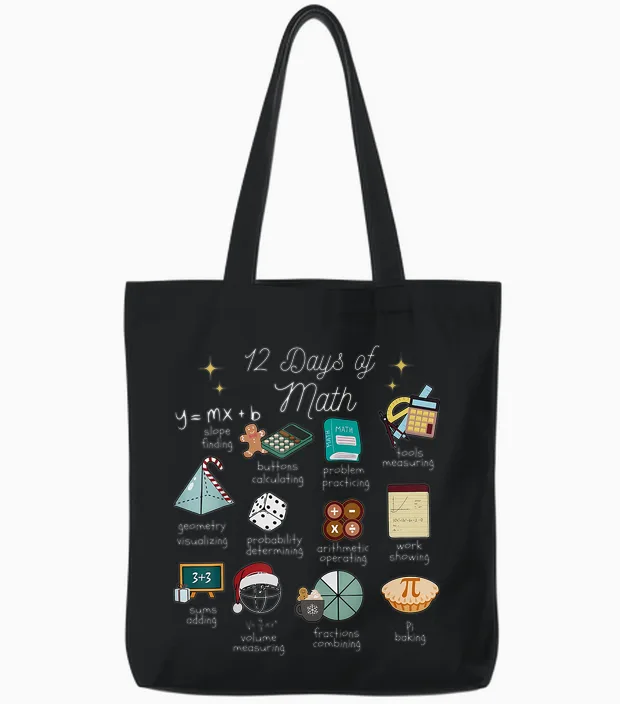 Christmas 12 Days of Math Math Teacher Xmas Stem Stems Tote Bags in Black