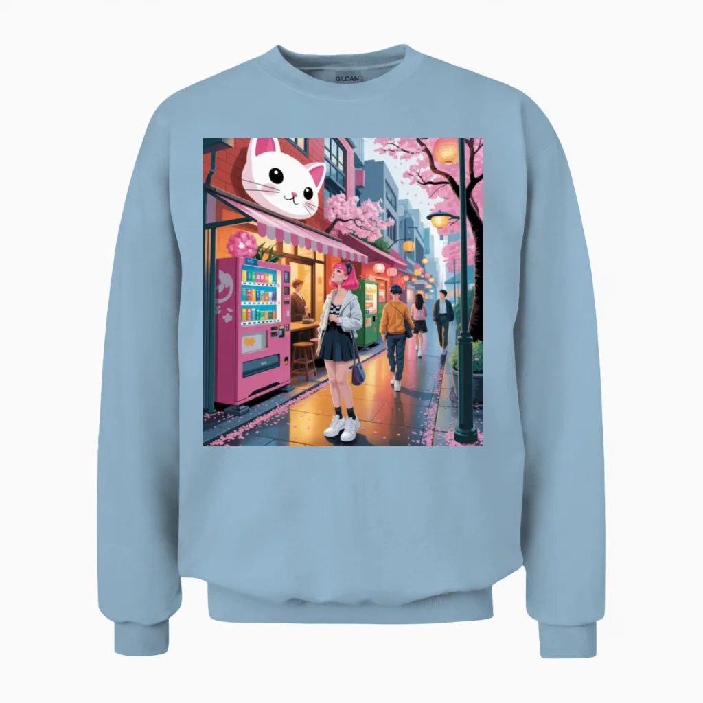 Tokyo Sakura Stroll β Cute Girl Under Cherry Bloss Unisex Sweatshirt in Light Blue