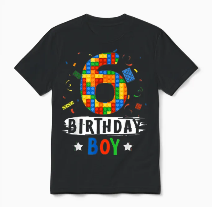 Birthday Boy Building Blocks 6 Years Old Unisex T-Shirt in Black