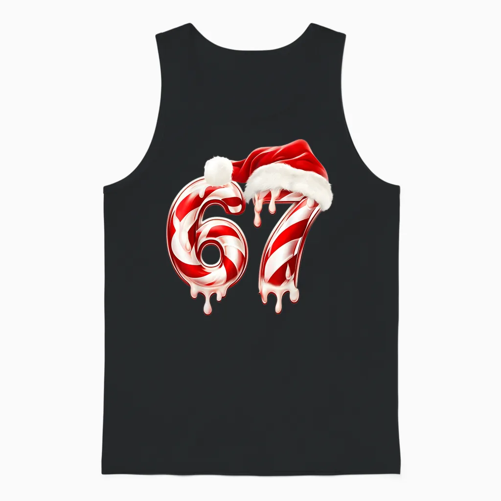 Melting Candy Cane 67 Christmas Design, Santa Hat Holiday Unisex Tank Top in Black