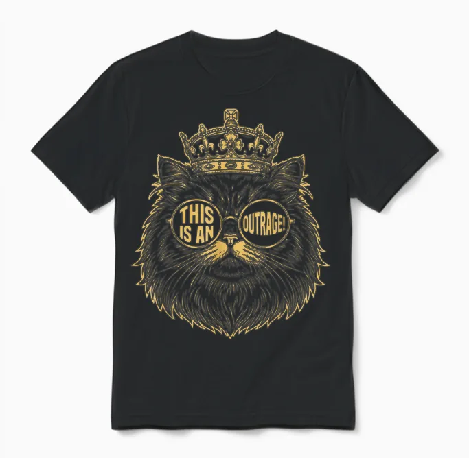 This Is an Outrage Funny Princess Cat Donut Gold Unisex T-Shirt in Black