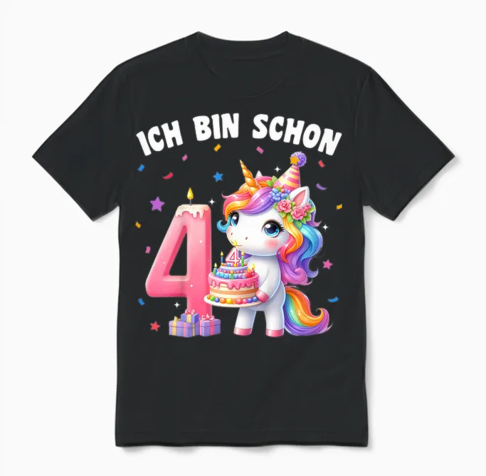Children's 4th Birthday Girl 4 Years Unicorn Party Outfit Unicorn T-Shirt, Black Unisex T-Shirt in Black