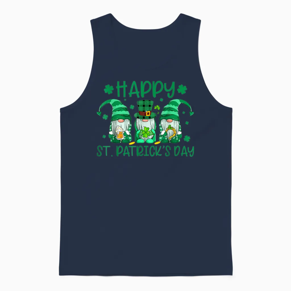 Three Gnomes Holding Shamrock Leopard Plaid St Patrick's Day Unisex Tank Top in Navy