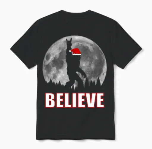 Christmas Bigfoot Santa Believe Unisex T-Shirt in Black