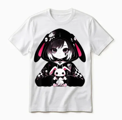 Goth Bunny Anime Girl Kawaii Gothic Creepy Art Japanese T-Shirt, Black, S Unisex T-Shirt - White