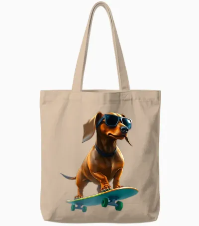 Badger on Skateboard - Funny Dog T-Shirt, Black, S Tote Bags - Natural
