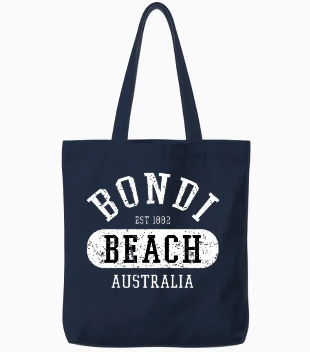 Vintage College Style Bondi Beach Australia Graphi Tote Bags in Navy