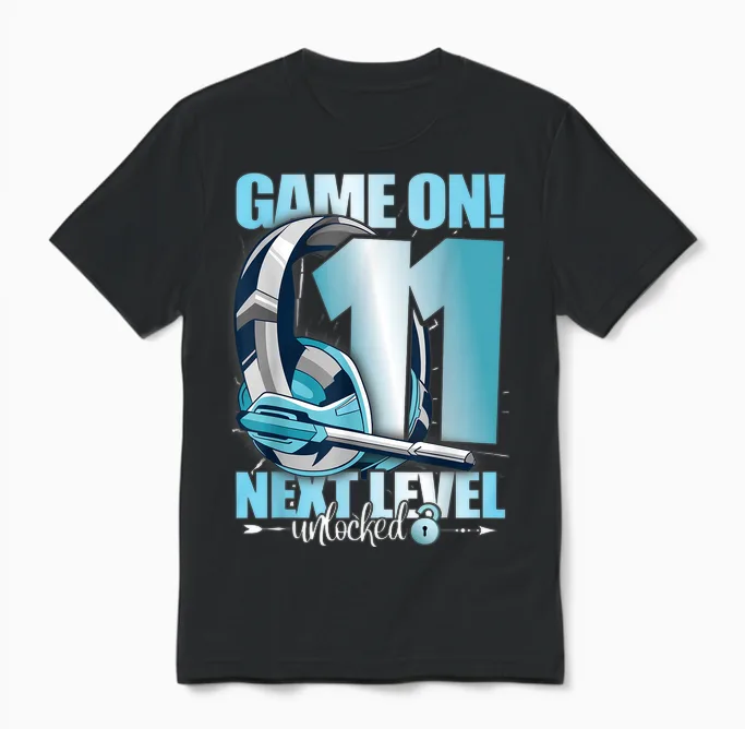 Level Unlocked 11th Birthday 11 Years Boy Girl Gaming T-Shirt, Black Unisex T-Shirt in Black