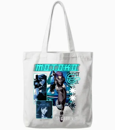 Ghost in the Shell Stand Alone Complex Section 9 Motoko Shot T-Shirt, Black, S Tote Bags - White