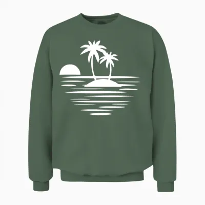 Island with Palms White Unisex Sweatshirt - Military Green