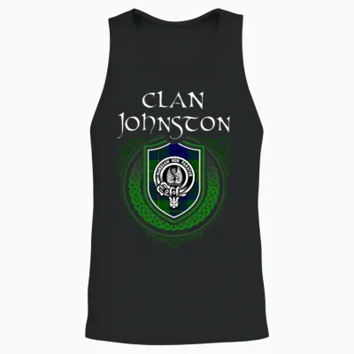 Clan Johnston Scottish Crest Badge and Tartan Unisex Tank Top - Black