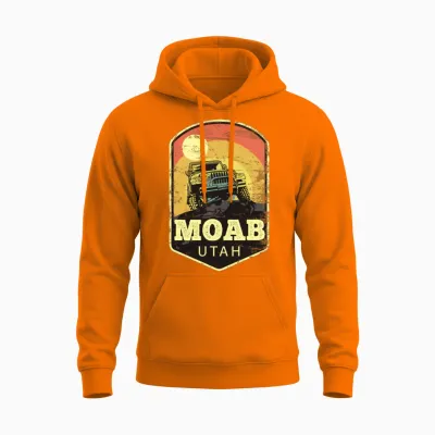 Moab Utah Jeep | Moab Utah Jeep Vintage Sunset Unisex Hoodie - Safety Orange