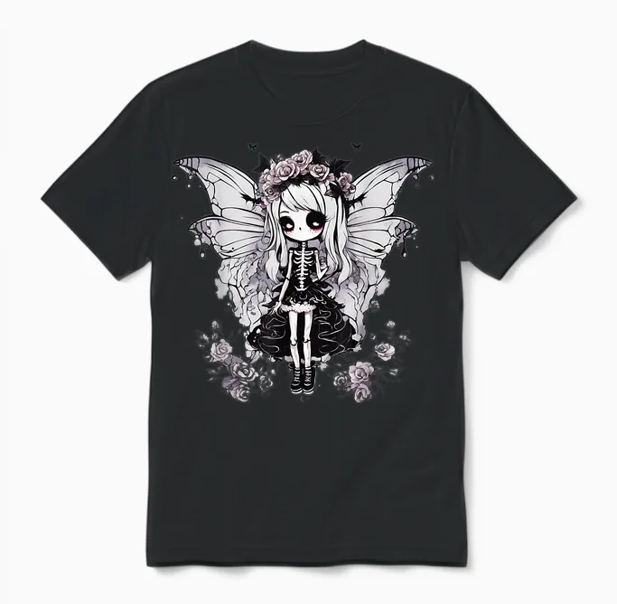 Skeleton Fairy Anime Goth Kawaii Unisex T-Shirt in Black