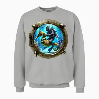 Porthole View of Scuba Diver Riding a Seahorse Urm Unisex Sweatshirt - Ash