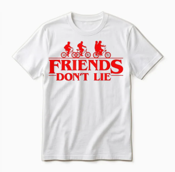 Stranger Things Group Shot Red Friends Don't Lie Unisex T-Shirt in White