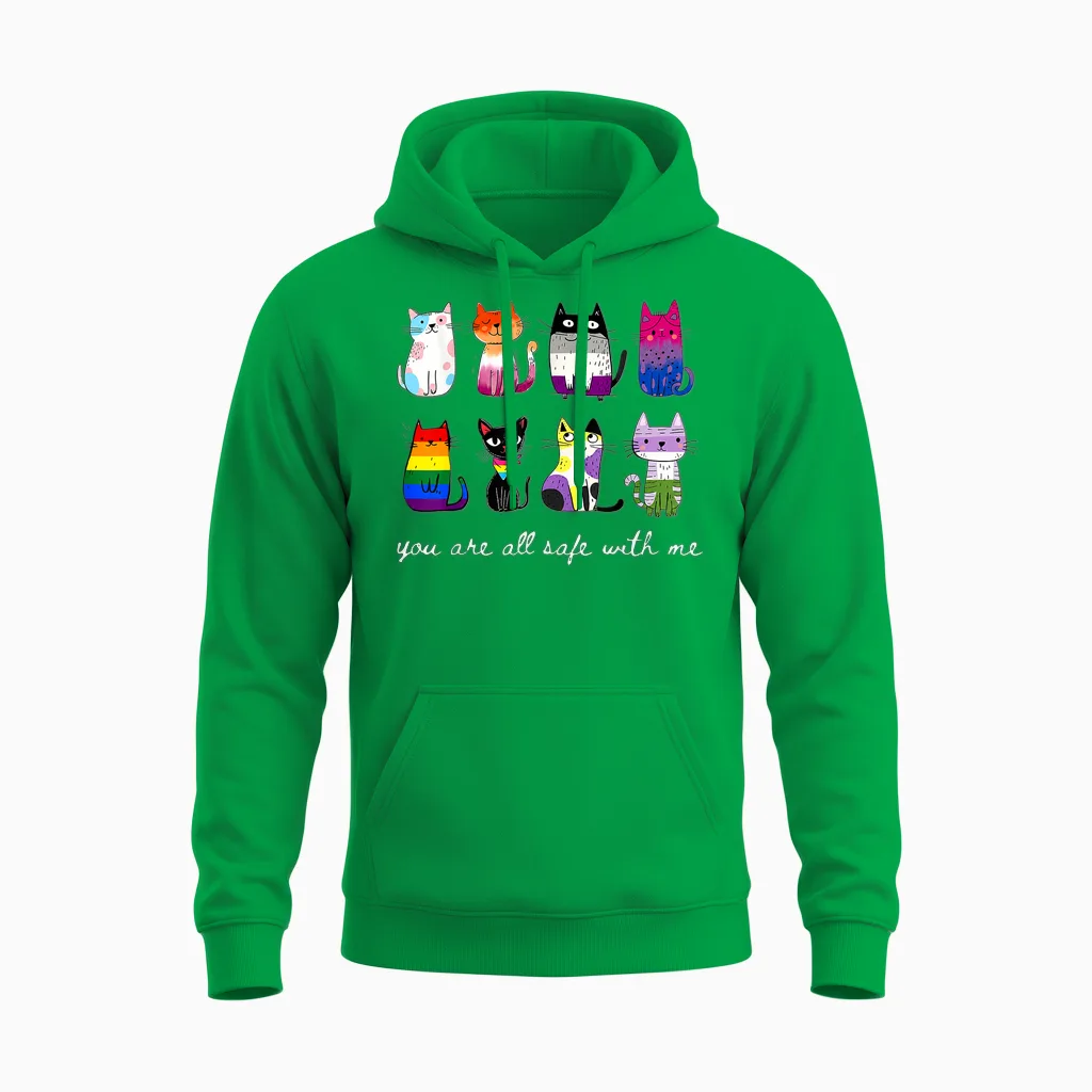 You Are All Safe with Me Cute Cat Pride Month Lgbt Support Unisex Hoodie in Irish Green
