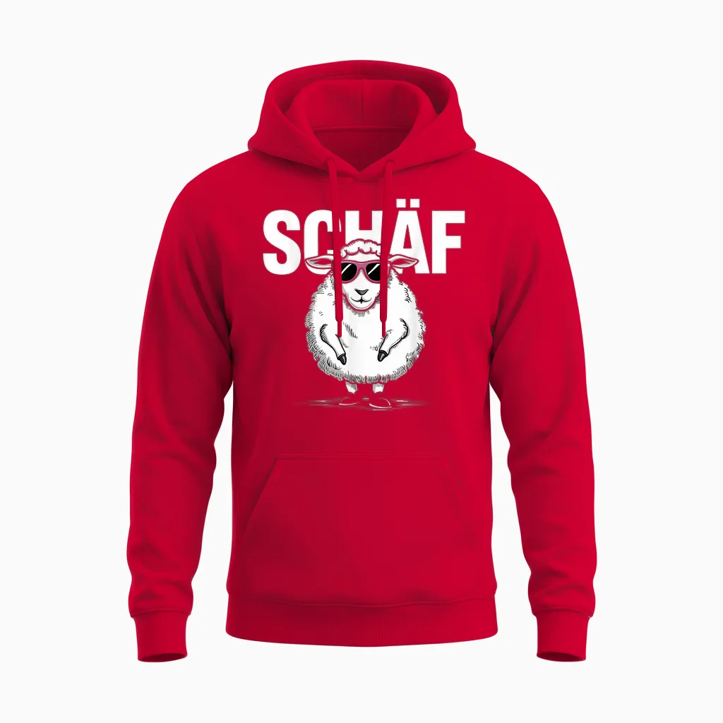 Funny Sheep Motif with Sunglasses Sheep T-Shirt, Black Unisex Hoodie in Red