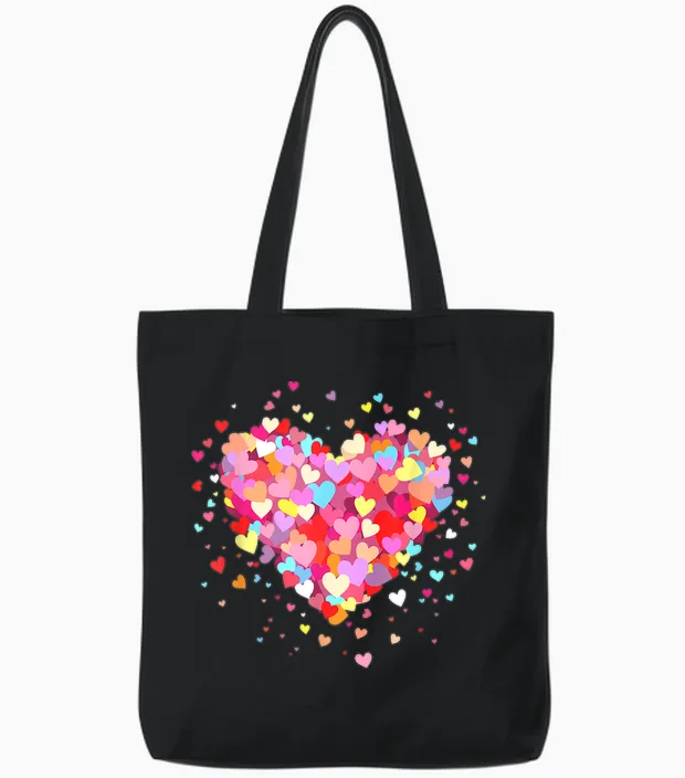Heart Design Colourful Confetti Hearts Valentine's Day T-Shirt, Black Tote Bags in Black