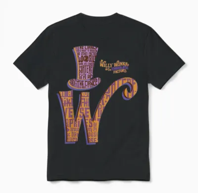 Kids Willy Wonka Initial T-Shirt, Black, 2 Unisex T-Shirt - Black