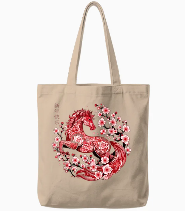 Lunar New Year Happy Chinese New Year of the Horse 2026 Tote Bags in Natural
