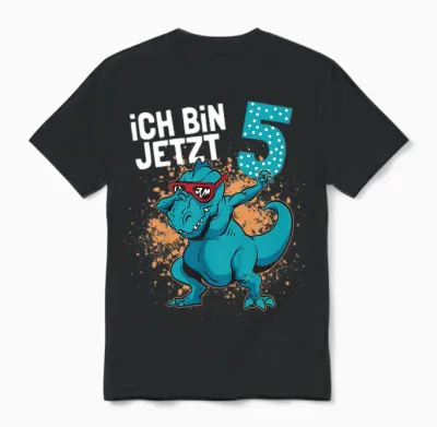 Children's Birthday Shirt 5 Years Boy Dinosaur | Dino Ich Bin 5 T-Shirt, Black Unisex T-Shirt - Black