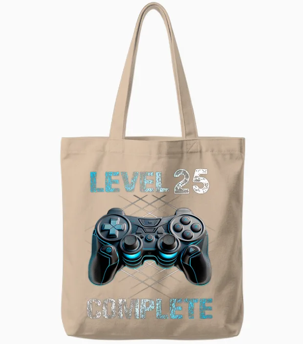 Level 25 Complete Gamer Mann 25. Geburtstag Freigeschaltet Tote Bags in Natural