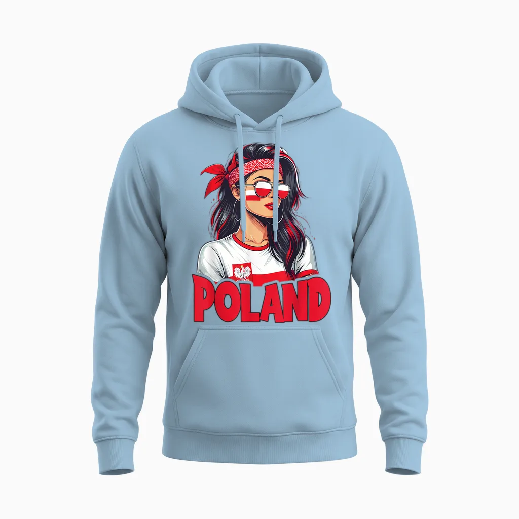 Polen Flagge Frau Sonnenbrille Mädchen Polska Unisex Hoodie in Light Blue